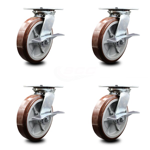 8 Inch Heavy Duty Polyurethane Caster Set with Ball Bearings and Brakes SCC